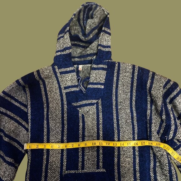 Vintage Mexican Baja Hoodie Blue & Gray Striped Unisex Sweater Poncho (Size XL) - Picture 5 of 7